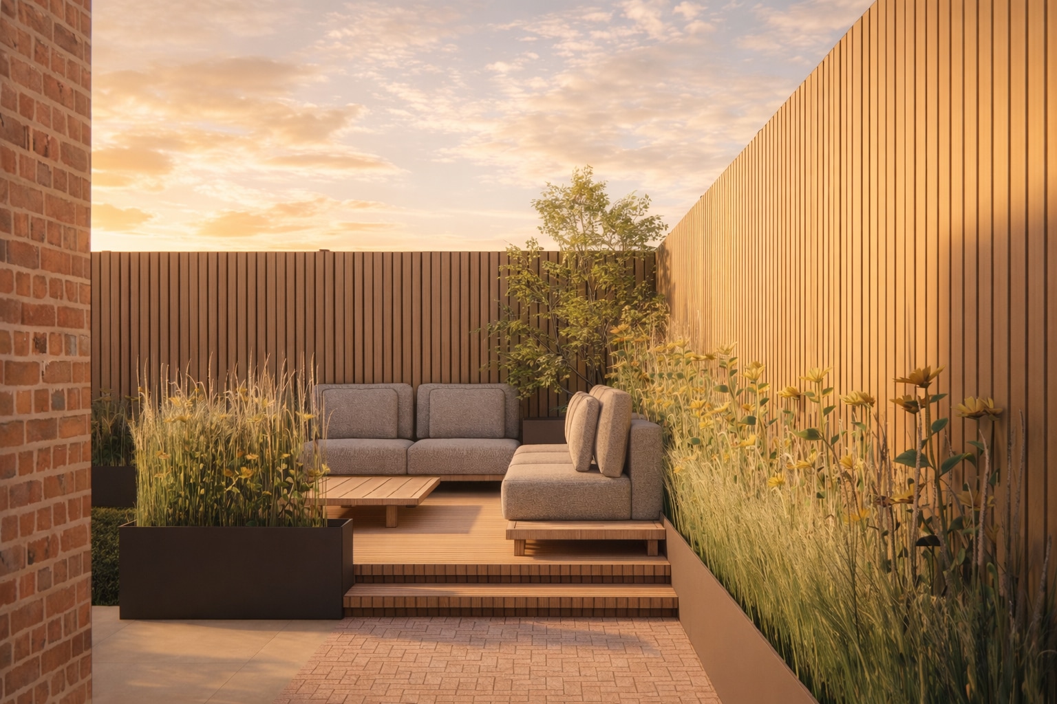 Garden Sunset Lounge, Doorkijkje met wilde planten bij golden hour