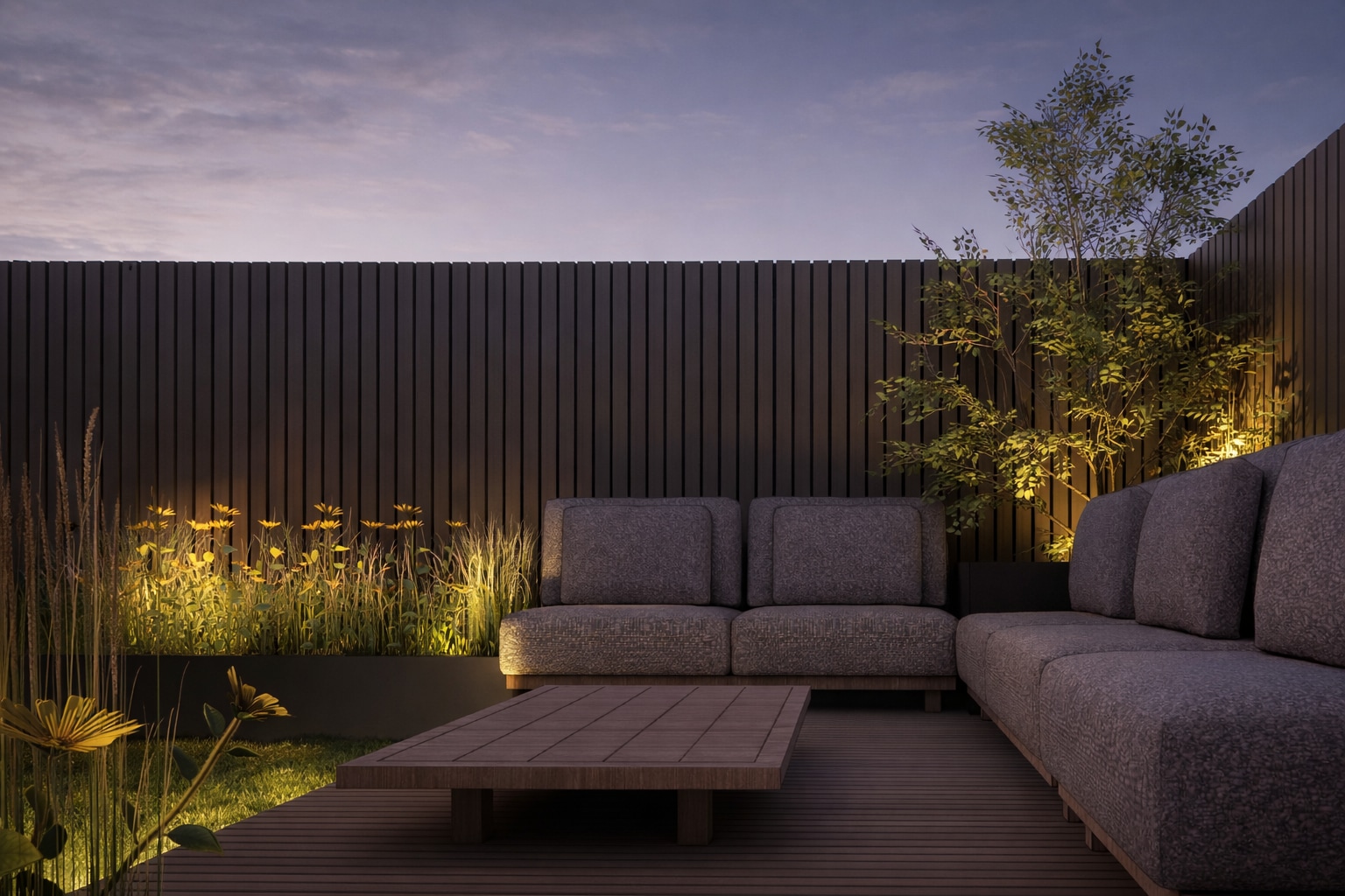 Garden Sunset Lounge, Loungehoek bij nacht met tuinverlichting
