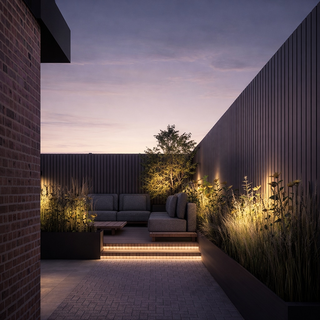 Garden Sunset Lounge, Nacht perspectief met siergrassen
