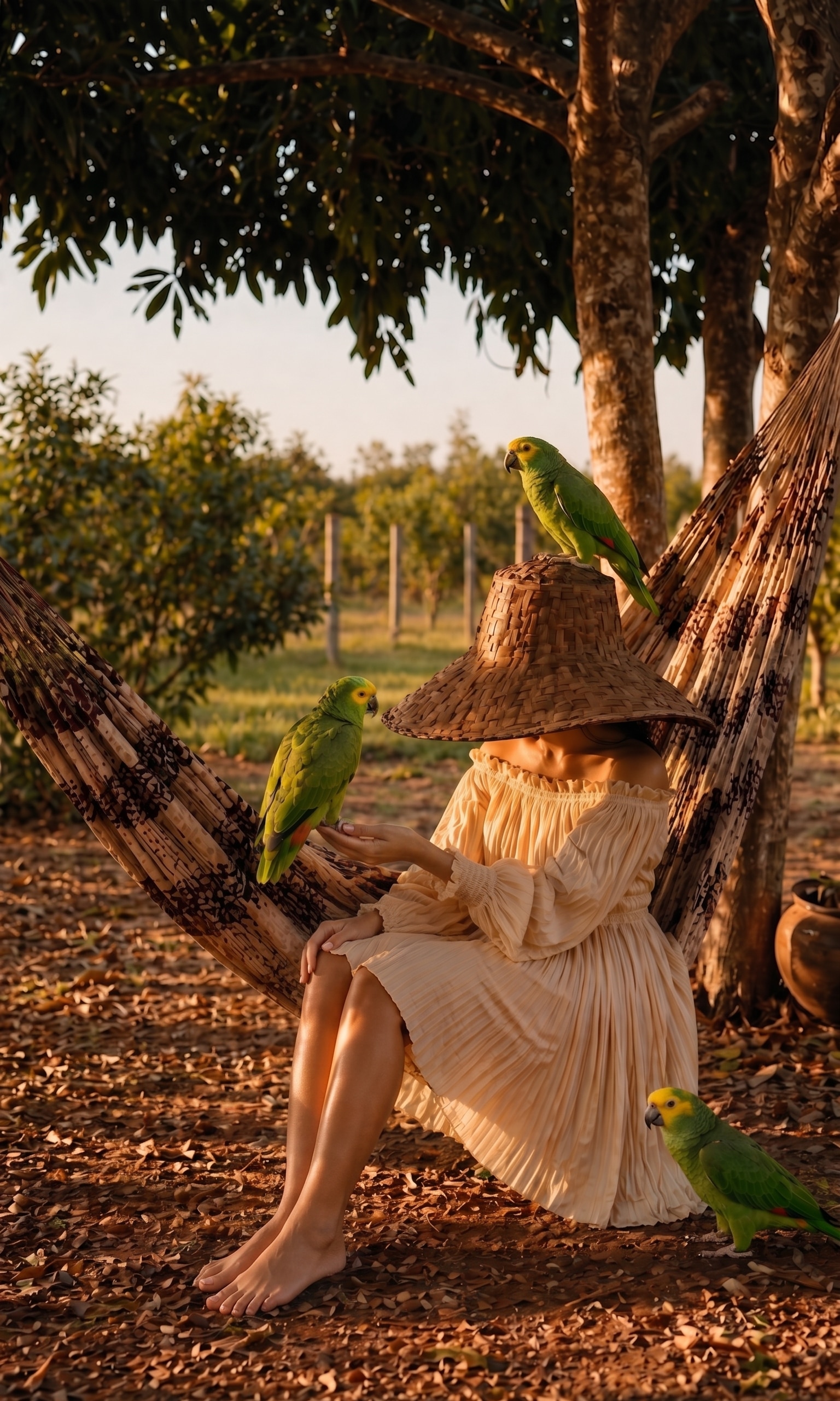 Wslanny in een hangmat onder de mangoboom, omringd door papegaaien — Braziliaans platteland